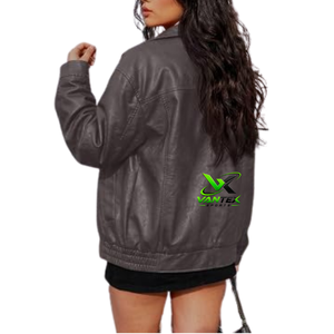 VANTEX Veste décontractée imperméable en cuir PU marron pour femme, fermeture éclair, col rabattu, coupe ample, style bomber - Product Image 5