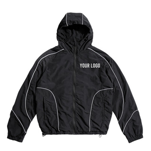 Custom Logo <b>Black</b> Hooded <b>Windbreaker</b> Jacket Men Sporty Zip Up Reflective Piping Lightweight Outdoor <b>Windbreaker</b> Jacket - Product Image 1