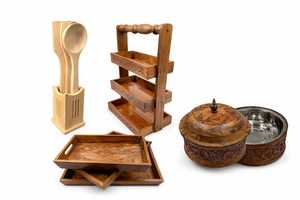 Hand Carved Wooden Kitchen Set – <b>Spice</b> Rack, Serving <b>Trays</b>, Utensils Holder - Product Image 3