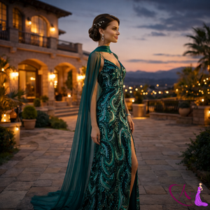 Robe de soirée luxueuse en dentelle turquoise brodée à la main pour femmes |   Robe de soirée et de mariée longue brodée à fines bretelles en tissu naturel transparent - Product Image 3