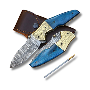 Couteau pliant artisanal en acier Damas, design élégant avec bolster, couteau de poche EDC, manche en os de chameau, lame Drop Point 2,5 mm - Product Image 1