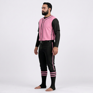 Conjunto de Uniforme de Béisbol para Hombre, Rosa y Negro, Manga Corta, Cuello en V, Pantalones Transpirables, Cierre de Botones, Ajuste Personalizado, para Todas las Temporadas, 100% - Product Image 2