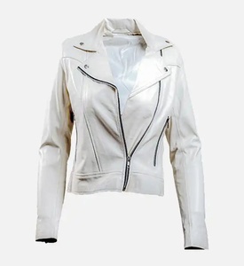 Veste de moto matelassée en cuir d'agneau véritable blanc pour femme, coupe-vent, manches longues, fermeture éclair, col montant, longueur standard - Product Image 1