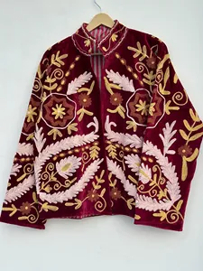 Luxury Burgundy <b>Velvet</b> Suzani <b>Jacket</b> with Tropical Floral Embroidery Full Sleeve Stand Collar Bohemian <b>Women's</b> Winter Coat - Product Image 4