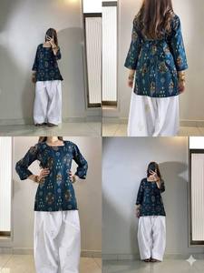 Women's Traditional Indian Cotton Kurta Set Digital <b>Print</b> Embroidered Regular Fit Midi Length <b>White</b> <b>Palazzo</b> Pants Casual Wear - Product Image 6