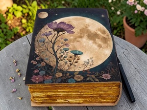Buffalo Leather Celestial Moon <b>Journal</b> Flower Vintage Grimoire Notebook Sewing Bound Handmade Deckle Paper <b>Diary</b> Multi Color - Product Image 3
