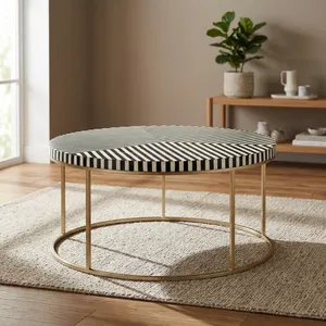 <b>Round</b> Bone Inlay Coffee <b>Table</b> with Geometric Patterned Top and <b>Gold</b> Metal Frame Modern Living Room Furniture Accent Center <b>Table</b> - Product Image 5