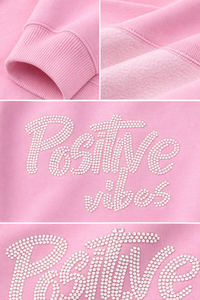 Sweat-shirt à col rond pour femme OEM, rose, avec strass, inscription « Positive Vibes », style streetwear oversize, tenue décontractée, mode - Product Image 5
