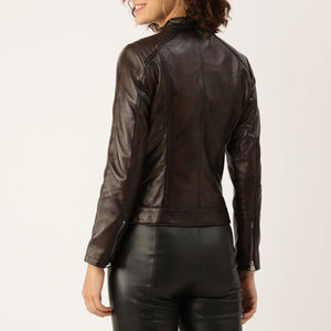 2026 Women Sheep Skin <b>Leather</b> <b>Jacket</b> Cropped Shine Fashionable Breathable Brown <b>Long</b> Sleeves Zipper Closer Pockets <b>Jackets</b> - Product Image 2