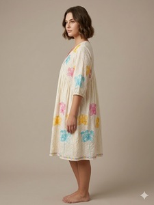 Vestido Midi Boho con Estampado Floral, Cuello en V, Manga Tres Cuartos, Corte Holgado, 100% Algodón Tejido Transpirable, Bordado a Mano, Casual de Primavera - Product Image 1