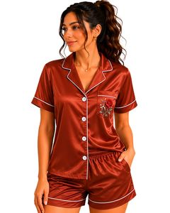 Ensemble de pyjama satiné rouge rouille personnalisé par le fabricant, vêtements de nuit en soie pour femmes, broderie rose, ensemble de vêtements de nuit doux à manches courtes - Product Image 1