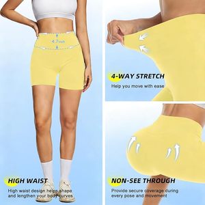 High <b>Waist</b> Biker Shorts Women Solid Color Stretch Knitted Activewear Sporty Style Yellow Seamless <b>Elastic</b> <b>Waist</b> - Product Image 6