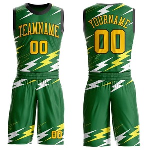 Ensemble de maillots de basket-ball sublimés personnalisés, vert jaune, imprimé éclair, nom de l'équipe, numéro 00, unisexe, adulte, maille respirante - Product Image 1