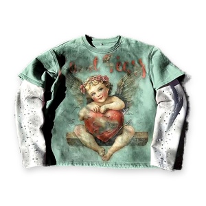 T-shirt pour homme à imprimé graphique personnalisé, en coton vintage délavé à l'acide, déchiré, à double couche, manches longues gaufrées, coupe oversize - Product Image 1
