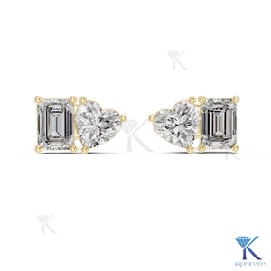 Toi Et Moi <b>Stud</b> <b>Earrings</b> Lab Grown <b>Emerald</b>-Cut Heart Cut 14K Solid Gold Luxury Fine Women Wedding Party Bridal Jewelry - Product Image 1