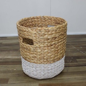 Natural Water Hyacinth Storage <b>Basket</b> Circle Shape Two Tone Woven Eco-Friendly Rustic Multi-Purpose Neatening Container - Product Image 1