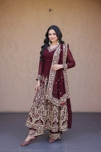 Ensemble indien pakistanais brodé vert, haut Anarkali à manches longues, pantalon palazzo, dupatta, tenue de fête - Product Image 6