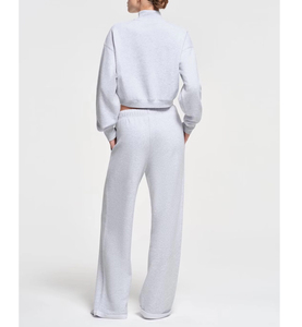 Lady's Medium Weight Soft Plush Fleece Cotton Relaxed Fit Drop Shoulder Cropped Half <b>Zip</b> Pullover Fleece Jogger Sweatpants Sets - Product Image 6