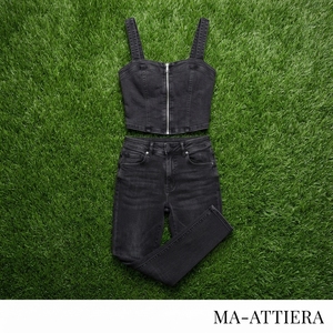 Ensemble corset en jean noir et jean skinny pour femme, fermeture éclair sur le devant, tenue décontractée deux pièces, style streetwear assorti - Product Image 5