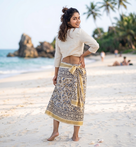 Golden Jari Border Hand Block Print Cotton <b>Sarong</b> Pareo Soft Floral Beach Wrap Indian Handmade <b>Bikini</b> Cover Up Custom Logo - Product Image 1