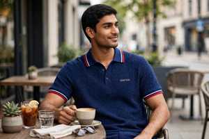 Chemise décontractée pour homme Oneten, bleu marine, tricotée, à manches longues, rayée, avec logo imprimé par transfert thermique sur le devant - Product Image 6