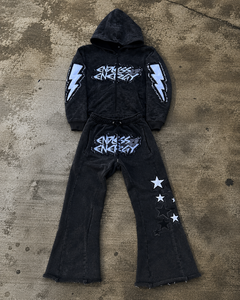Conjunto de Sudadera con Capucha Negra Vintage Lavada Personalizada y Pantalones Acampanados con Parche de Rayo y Aplique de Estrella, Oversize, Invierno, 100% Algodón - Product Image 1