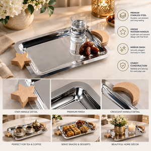 Star Accent Stainless Steel <b>Serving</b> <b>Tray</b> with Wooden Handles for Snack | Rectangular Silver Platter for Dining Table and <b>Parties</b> - Product Image 5