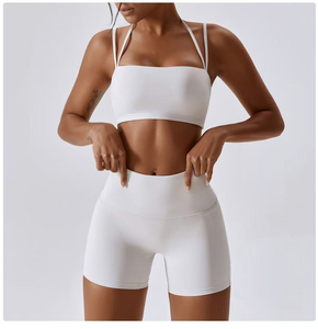 Women's <b>White</b> Seamless Yoga Set 2 Piece Halter Crop <b>Top</b> High Waist Shorts Workout Outfit - Product Image 5