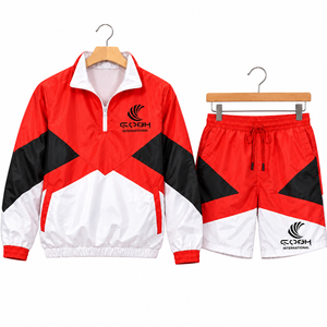 Conjunto Deportivo Unisex, Chaqueta con Cierre de Cremallera y Pantalones Cortos, Diseño Color Block Rojo, Blanco y Negro, Secado Rápido, Ropa Deportiva para Primavera - Product Image 1