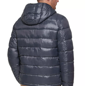 Men's Navy Blue Hooded Sherpa Lined Floral Puffer <b>Jacket</b> <b>Zipper</b> Closure Windproof Casual Winter Regular Fit Polyester Filling - Product Image 4