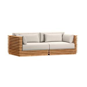 Ensemble de canapés en teck massif, style moderne minimaliste, meubles d'intérieur et d'extérieur, coussin beige, cadre en bois à lattes, luxe, salon, villa - Product Image 1