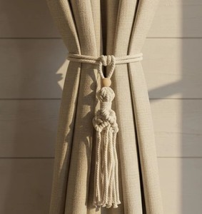 Bohemian Macrame Curtain <b>Tieback</b> – Natural Cotton Rope & Wood Bead – White Window Treatment – Nordic Living Room Decor - Product Image 2
