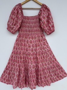 Vestido Midi de Algodón con Estampado Floral Rosa para Mujer, con Cuello Cuadrado y Mangas Abullonadas, Estilo Boho, para Verano, Venta al Por Mayor - Product Image 1