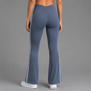 Simple High Waisted Flared <b>Leggings</b> with Side Stripe Solid Color Seamless Elastic Waist Full Length Yoga Pants Polyester - Product Image 4