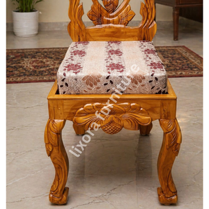 Chaise de salle à manger en bois massif artisanale de luxe, ornée de sculptures florales mandala, siège rembourré floral - Product Image 4