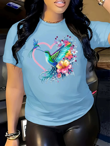 Camiseta de Mujer con Estampado Floral de Colibrí, Estilo Casual, Color Rosa, 100% Algodón Tejido, Ecológica, Transpirable, Ligera y de Secado Rápido - Product Image 4
