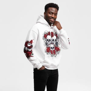 Sudadera con capucha de forro polar grueso, extragrande, de moda, personalizada, con estampado de calavera y rosas, teñido degradado, 100% algodón, manga larga, informal, con pedrería, para invierno - Product Image 6