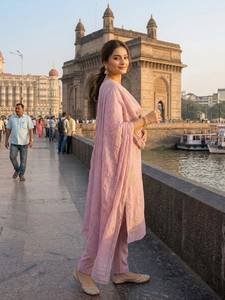 Ensemble prêt-à-porter entièrement cousu en soie naturelle avec haut, bas et dupatta, orné de perles et de broderies faites à la main par des artisans. - Product Image 2