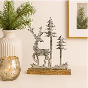 High-Quality Handmade Aluminium Reindeer Sculpture With Mango Wood Base Elegant Silver Metal Christmas <b>Tree</b> Scene For Festive - Product Image 6