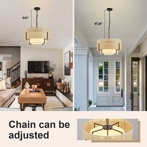 Lampadario Rustico Boho da 19,7 Pollici per Sala da Pranzo, 4 Luci, in Rattan Intrecciato a Mano con Paralume in Tessuto, Lampadario a Tamburo - Product Image 5