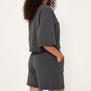 Conjunto de 2 Piezas de Camiseta y Pantalones Cortos de Verano para Mujer, Talla Grande, 100% Algodón, Tela de Felpa, Estampado Personalizado con Logotipo, Estilo Casual, 2026 - Product Image 5