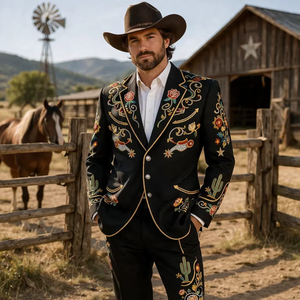 Ensemble de costume noir brodé de style western pour homme – Blazer et pantalon de style cowboy à motifs floraux - Product Image 1