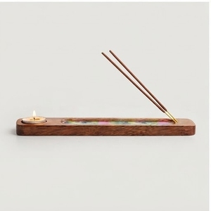 Mango Wood <b>Incense</b> <b>Holder</b> With Enamel Coated Floral Inlay and Candle <b>Holder</b> for Aromatherapy Use - Product Image 2