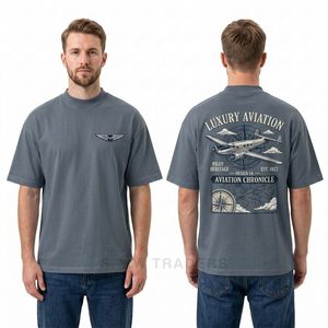T-shirts bleu ardoise à épaules tombantes avec imprimé graphique aviation de luxe au dos, inspirés du voyage, style streetwear urbain décontracté - Product Image 3