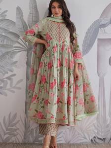 Women Traditional Cotton Floral Print Ankle-Length <b>Kurta</b> Set Embossed Neck Matching Pants Spring Party Wear Quick Dry Wrinkle - Product Image 1