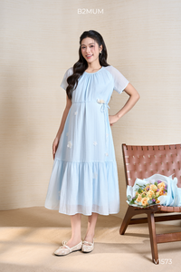 Vestido de Maternidad Azul V1573, Cuello Redondo, Manga Corta, Estampado Floral, Corte en A, Largo a Media Pantorrilla, Holgado, Transpirable, Ropa de Verano para Mujer - Product Image 6