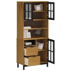 Meuble haut pour salon en pin massif brun et noir avec verre trempé et plastique, armoires élégantes et durables - Product Image 3