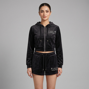 2024 Velvet Custom Logo Casual Eco-Friendly Breathable Two-Piece Women's Sweatsuit Hoodies Crop <b>Track</b> Pants Solid Matched 100% - Product Image 4