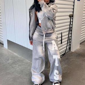 Chándal Oversize para Mujer con Capucha, Manga Larga, Bolsillos Laterales, Cremallera Frontal, Estampado de Letras, Estilo Urbano, Lavado Ácido y Teñido - Product Image 2
