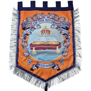 Bannière décorative pour loge Orange Order, spécifiquement pour les Sons de la Réforme, bannière brodée Mussel Burgh. - Product Image 1